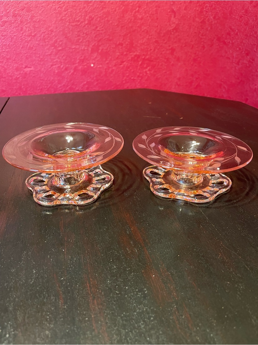 Pair of Lancaster Depression Glass Pink Candle holders Open Work Pattern